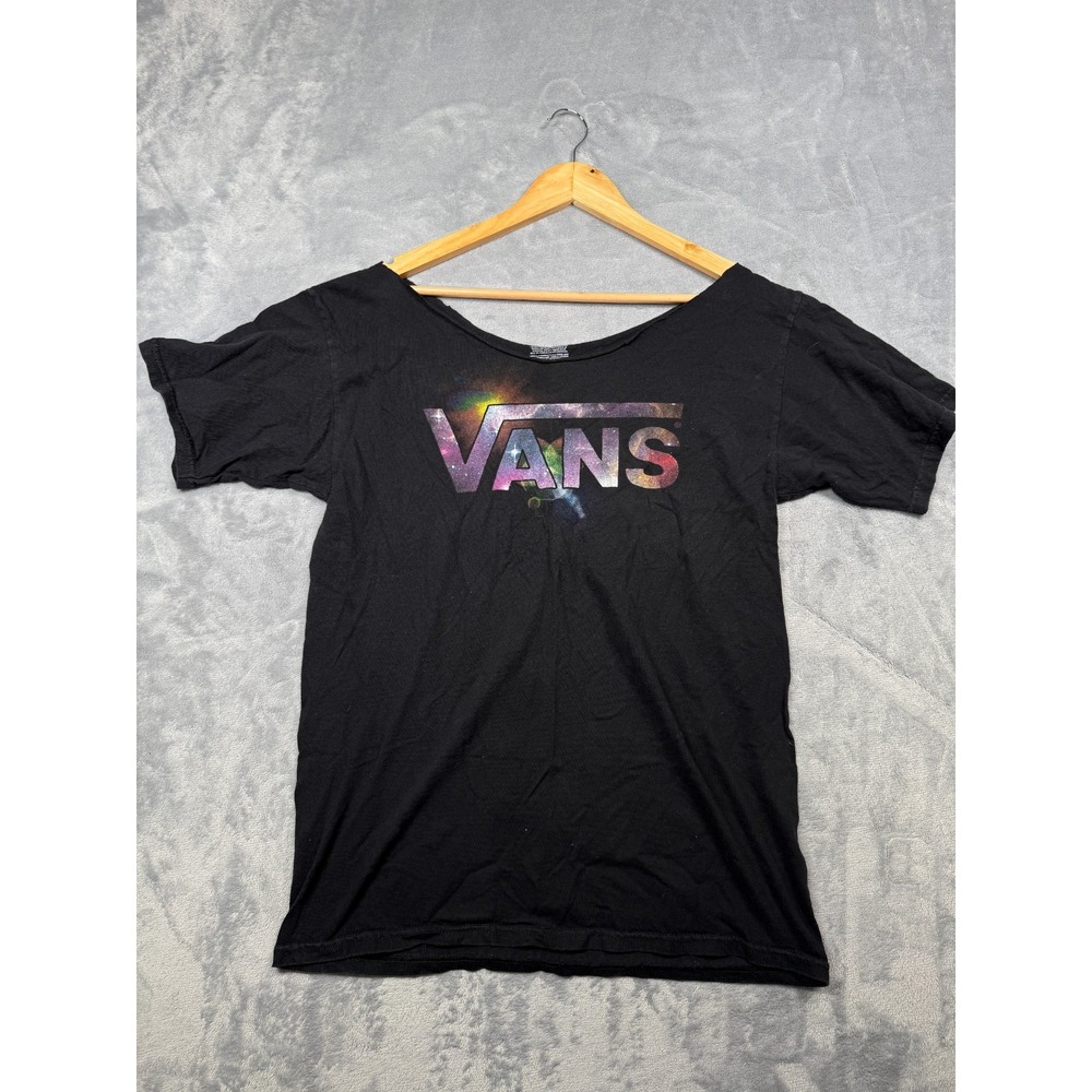 VANS T-Shirt Womens Black Galaxy Print Logo Short Sleeve Wide Scoop Neck Size L